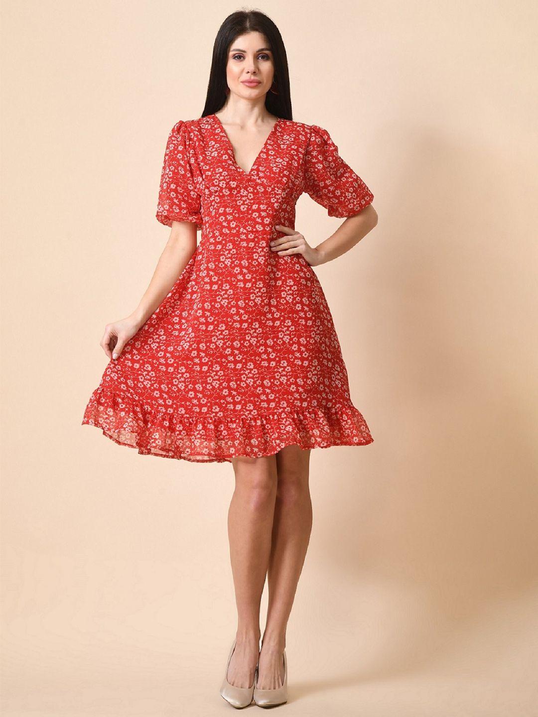 here&now floral printed v-neck puff sleeve chiffon empire dress