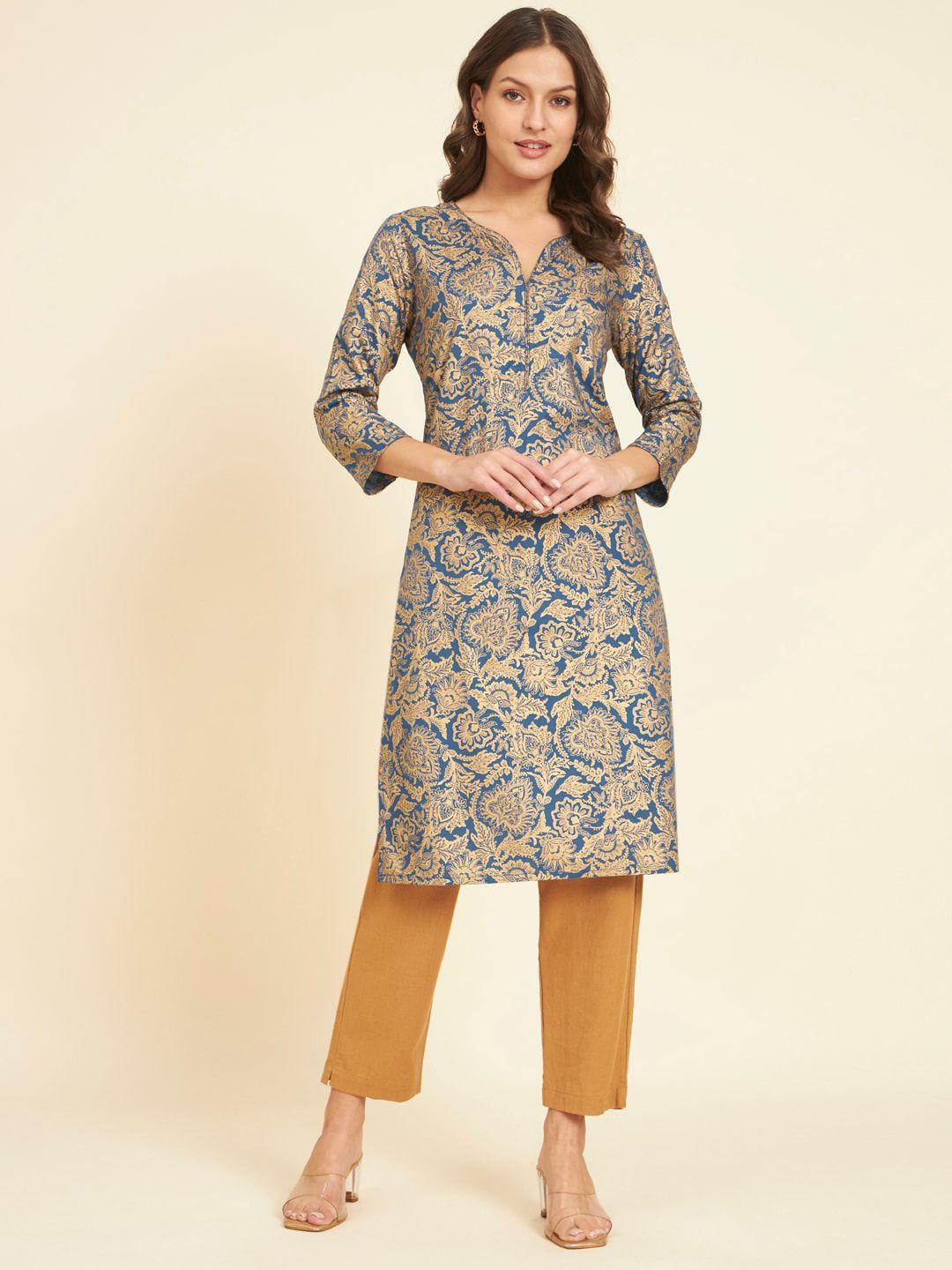 here&now floral printed v-neck straight pure linen kurta