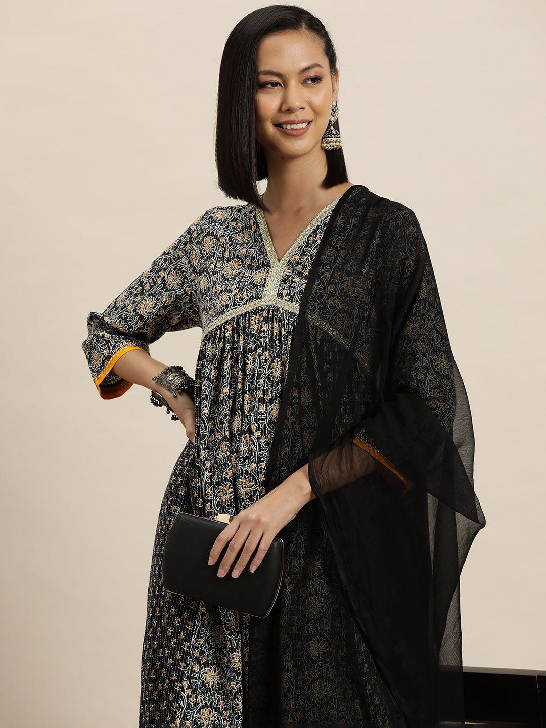 here&now floral printed zari empire pure cotton kurta with trousers & dupatta