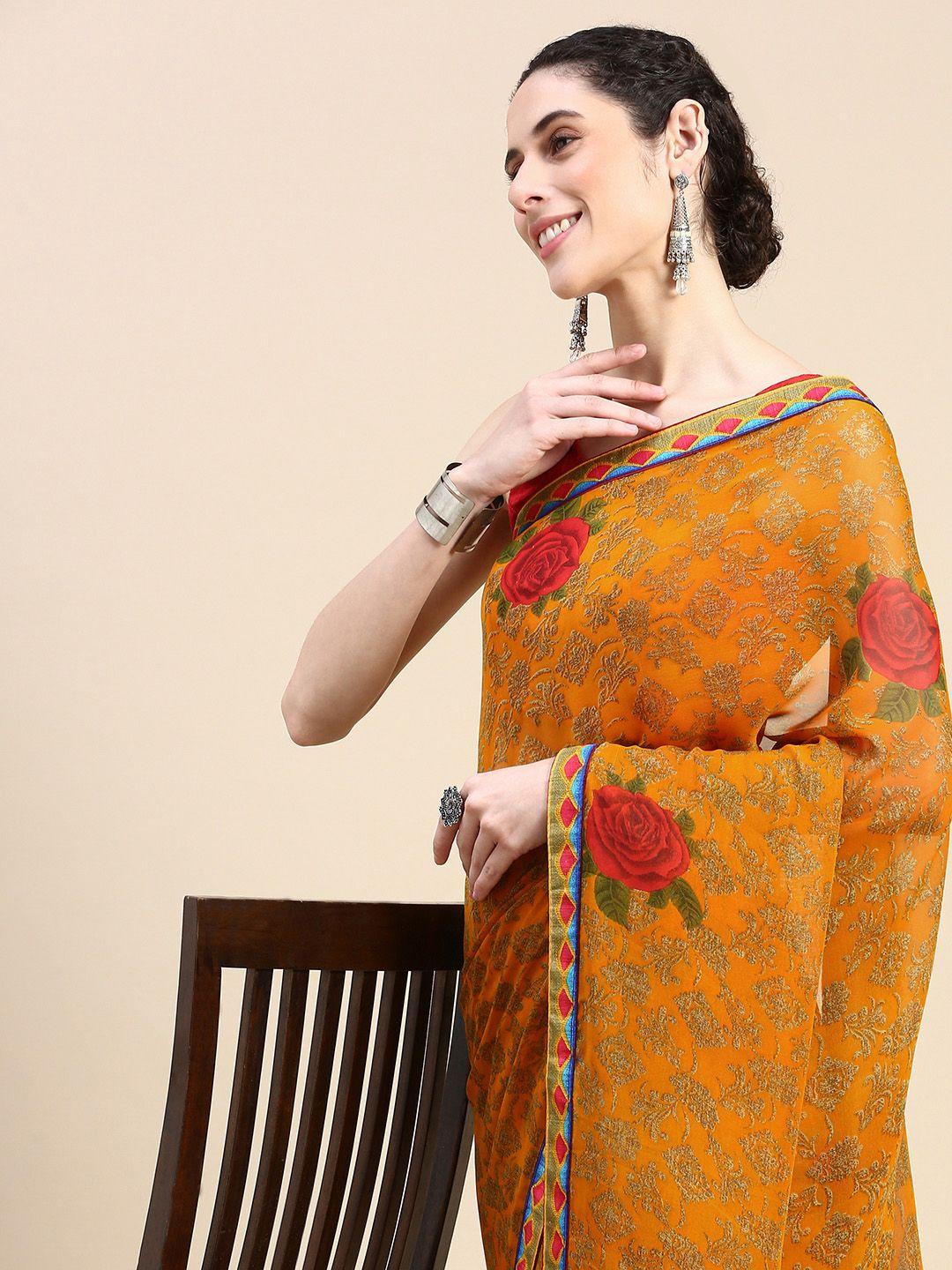 here&now floral printed zari pure georgette saree