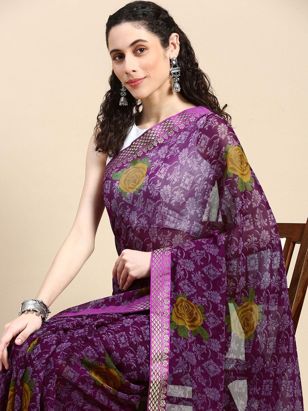 here&now floral printed zari pure georgette saree