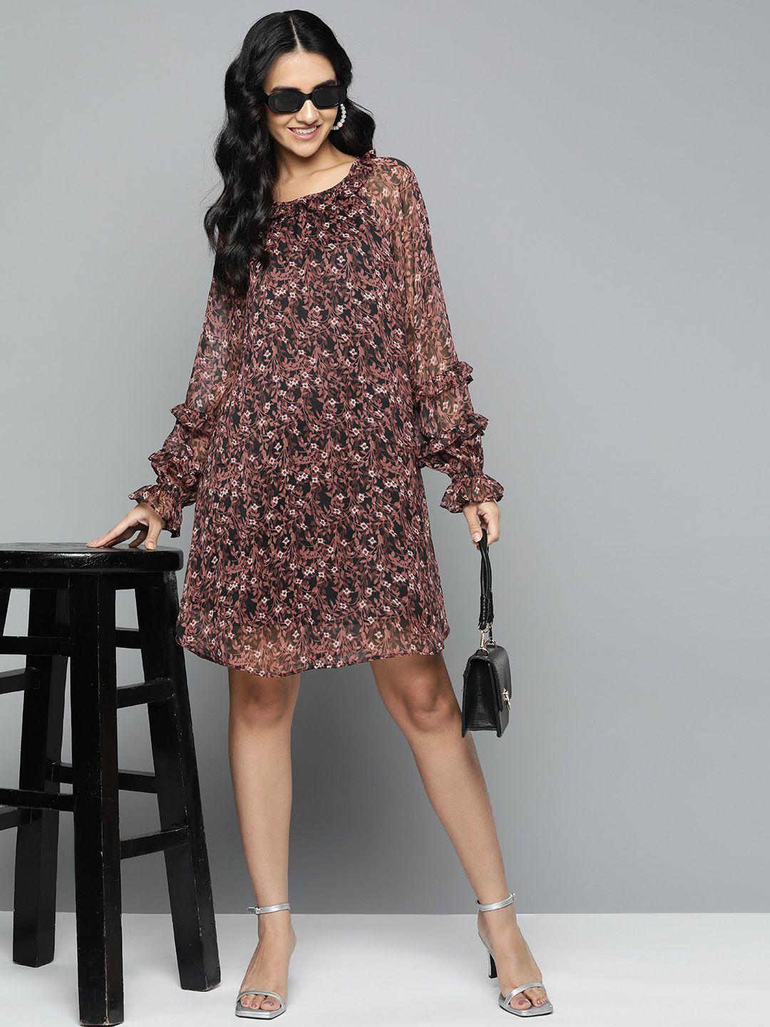 here&now floral ruffles crepe a-line dress