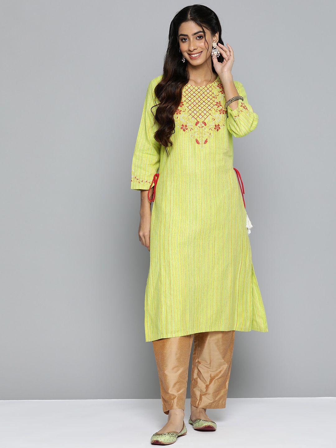 here&now floral striped zari pure cotton kurta