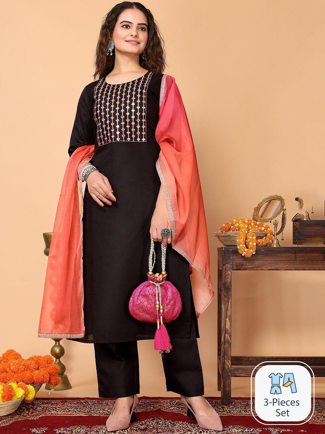 here&now geometric embroidered mirror work kurta with trousers & dupatta
