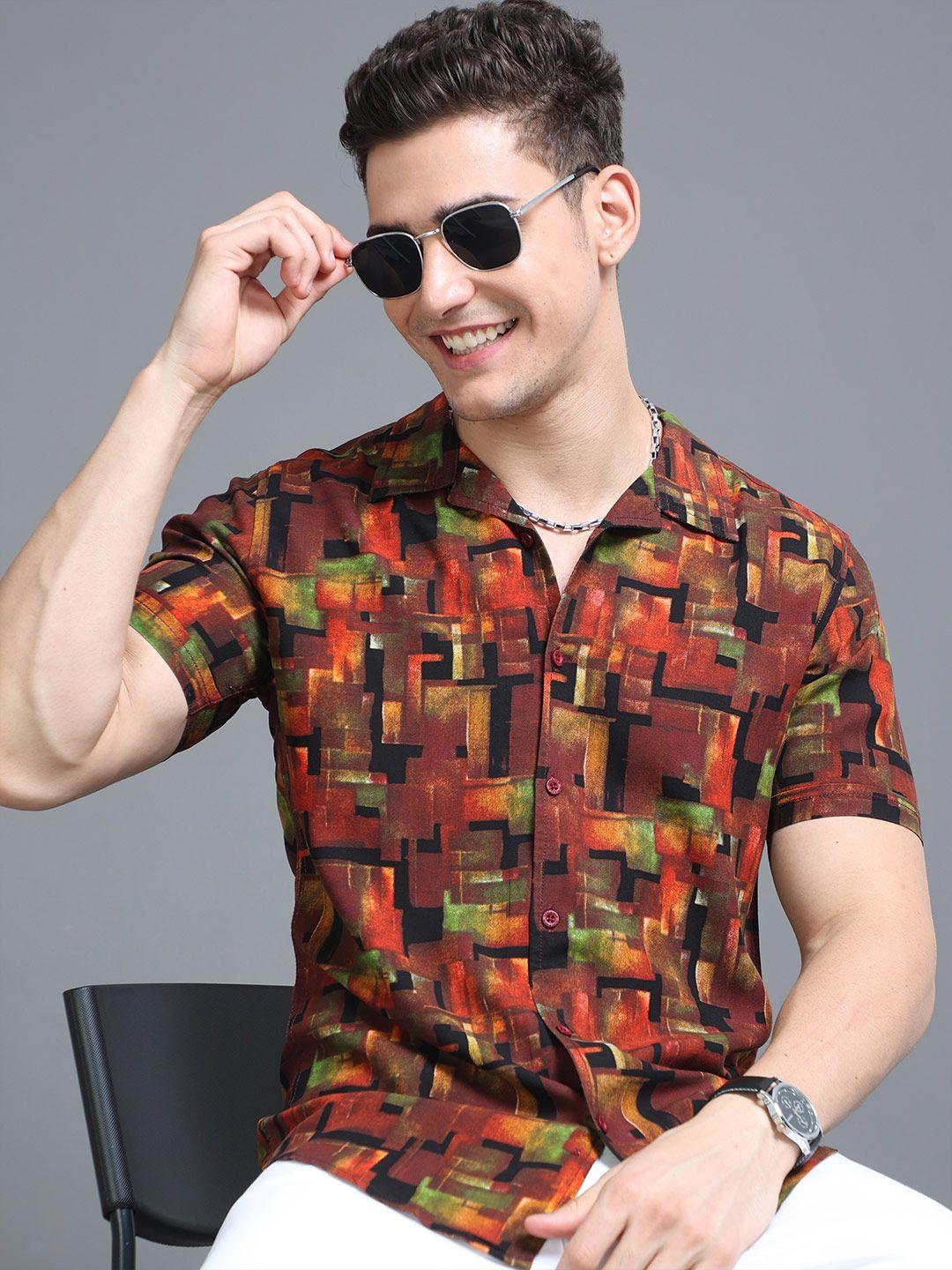 here&now geometric printed cuban collar slim fit  casual shirt