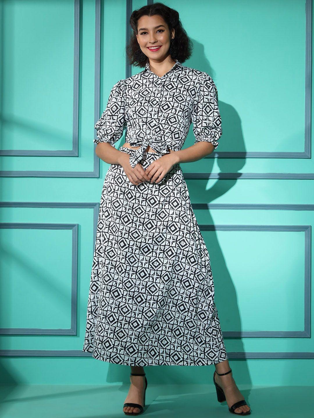 here&now geometric printed top with a-line skirt co-ords set