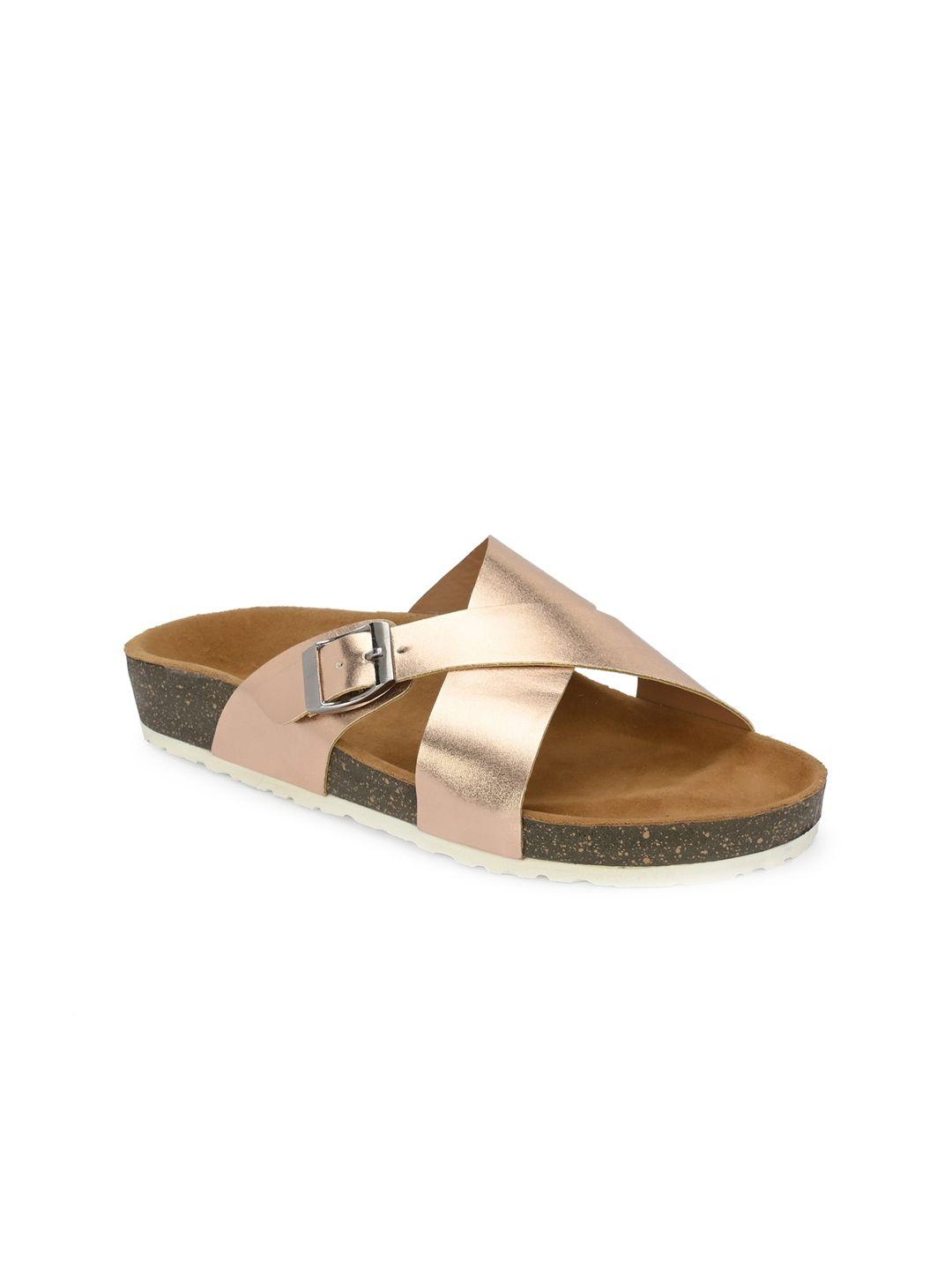 here&now gold-toned cross strap open toe flats