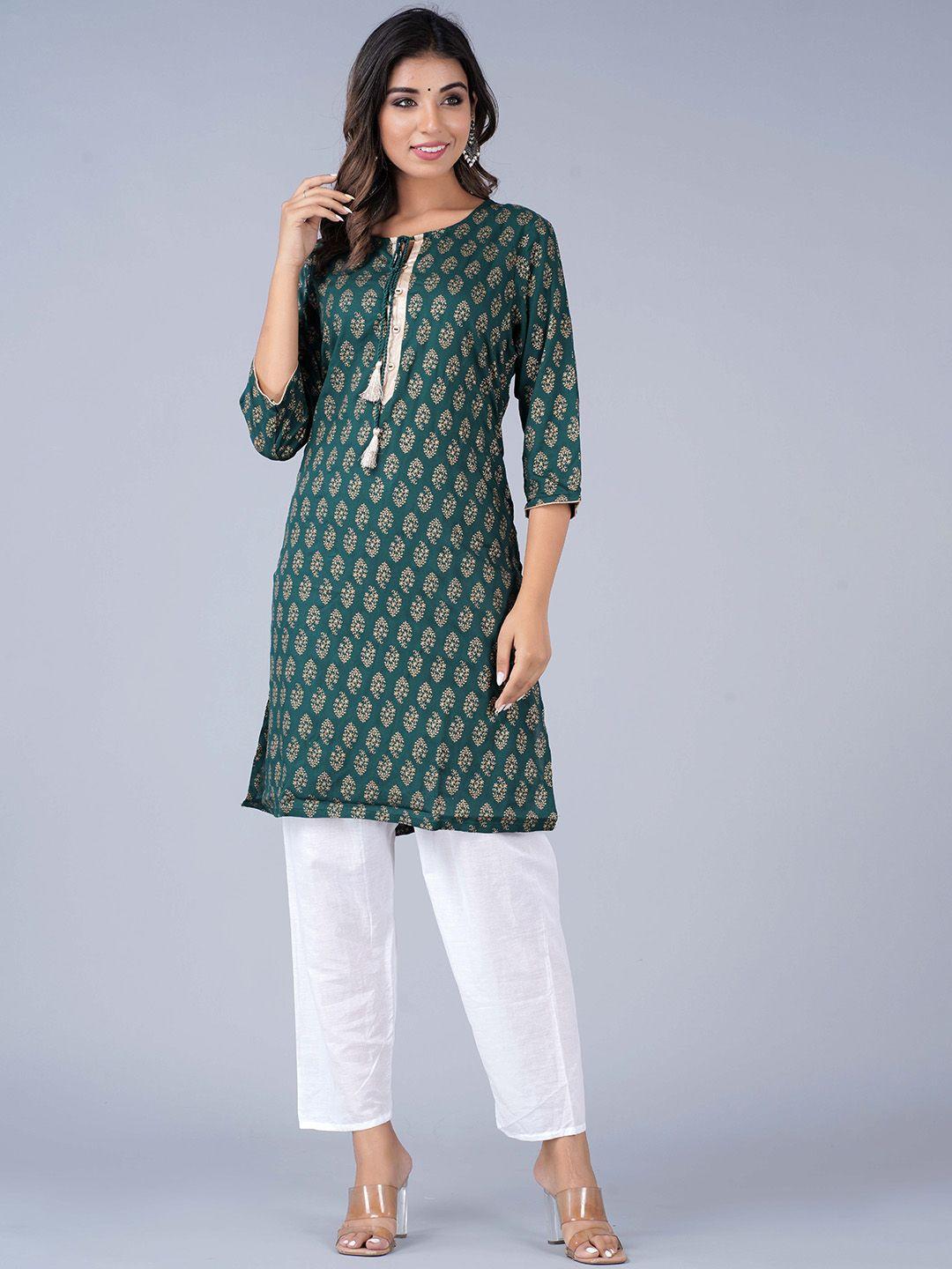 here&now green & beige ethnic motifs printed straight kurta