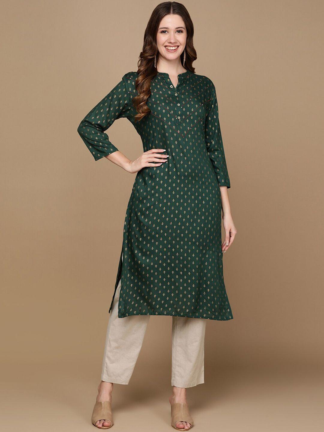 here&now green & beige mandarin collar ethnic motifs printed sequined straight kurta