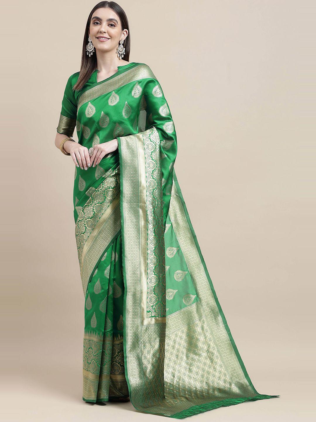 here&now green & gold-toned ethnic motifs zari silk blend banarasi saree