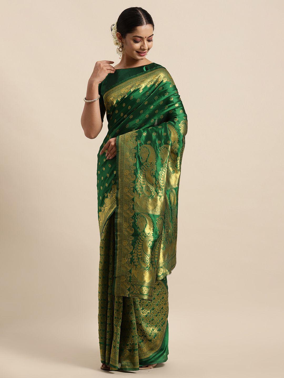 here&now green & gold-toned floral woven zari silk blend banarasi saree