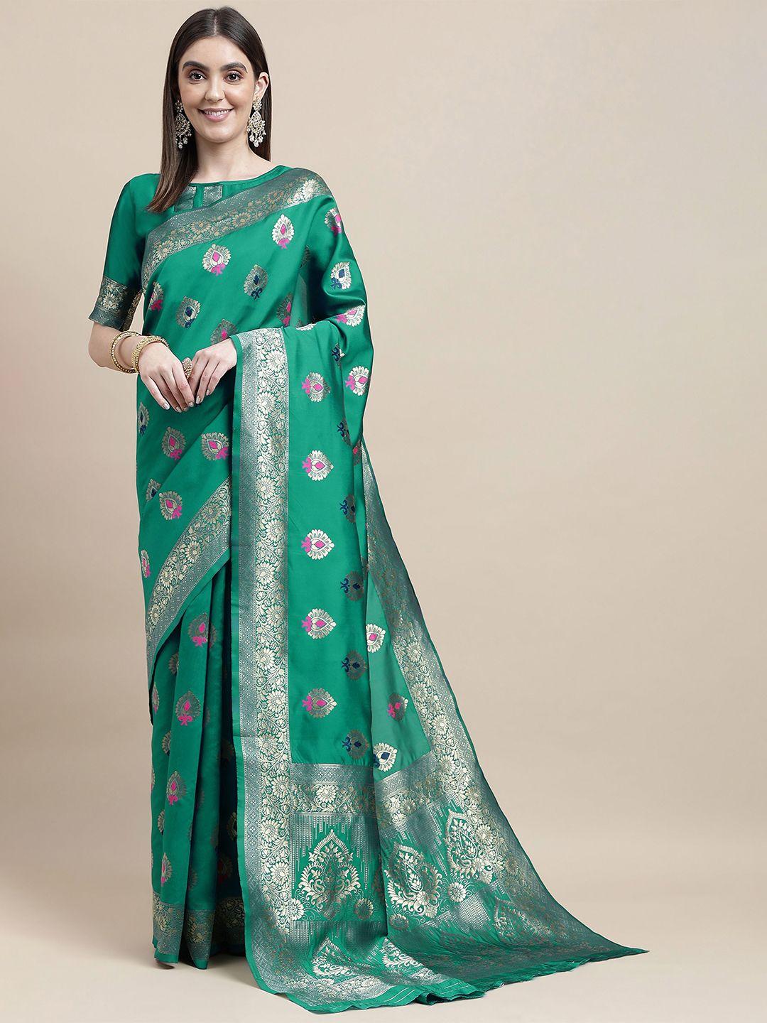 here&now green & gold-toned woven design zari silk blend kanjeevaram saree
