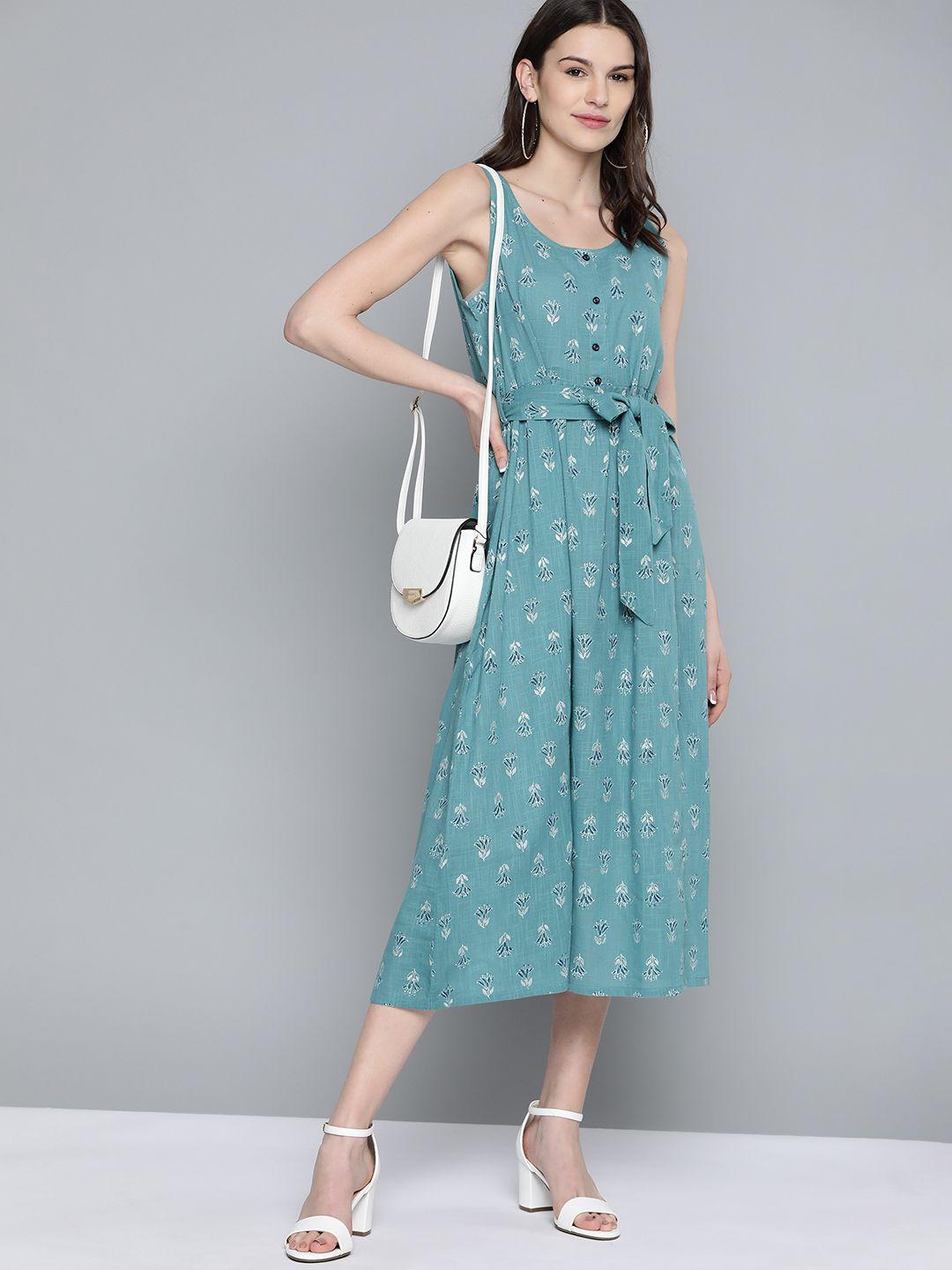here&now green & navy blue ethnic motifs printed pure cotton a-line midi dress with belt