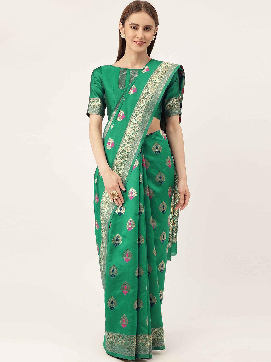 here&now green & pink ethnic woven design zari kanjeevaram saree