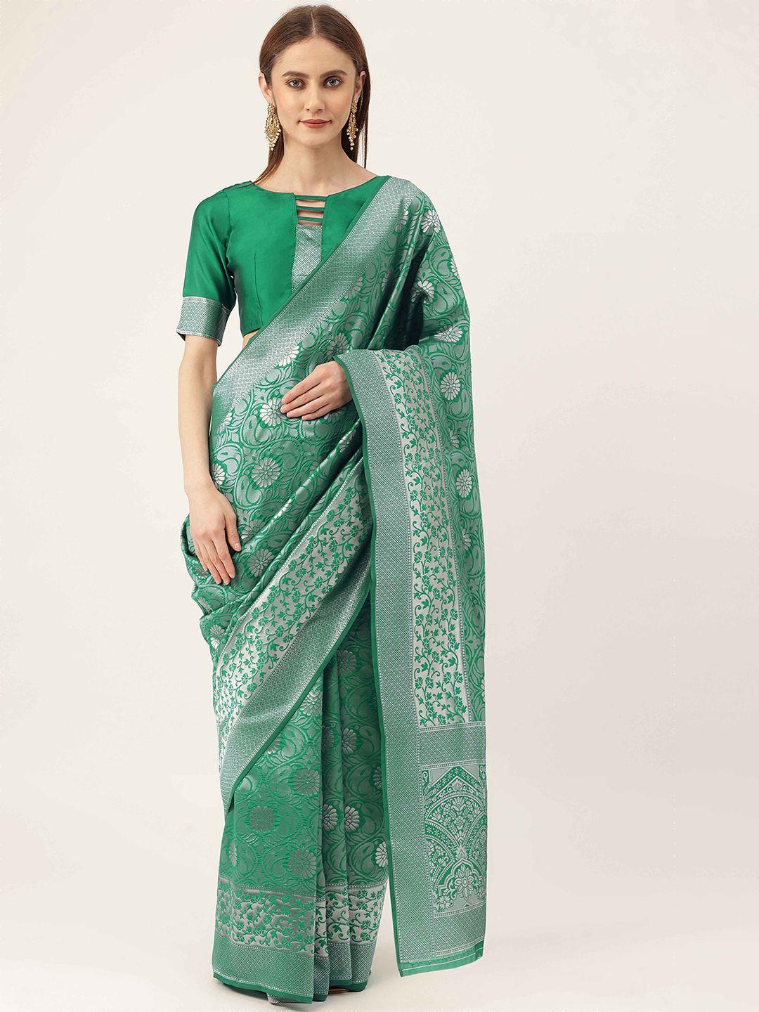 here&now green & silver-toned floral woven design zari kanjeevaram saree