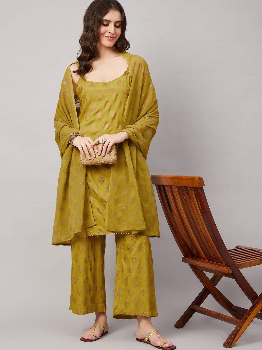 here&now green ethnic motifs printed regular straight kurta & trousers with dupatta