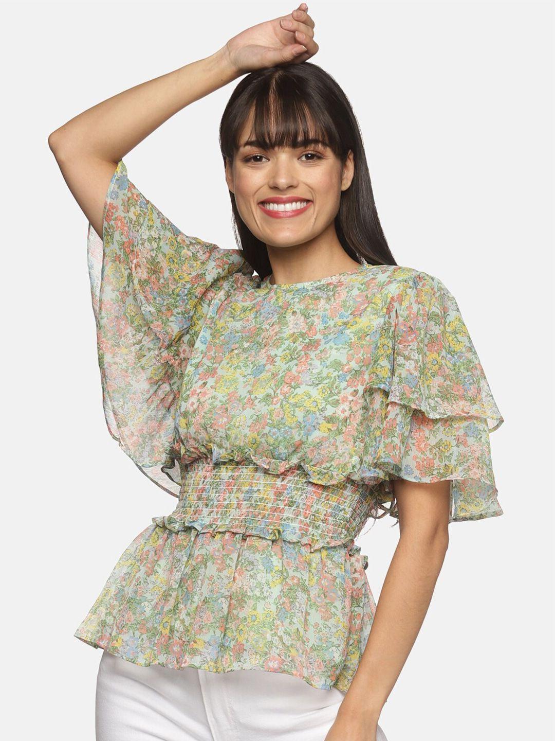 here&now green floral printed chiffon cinched waist top