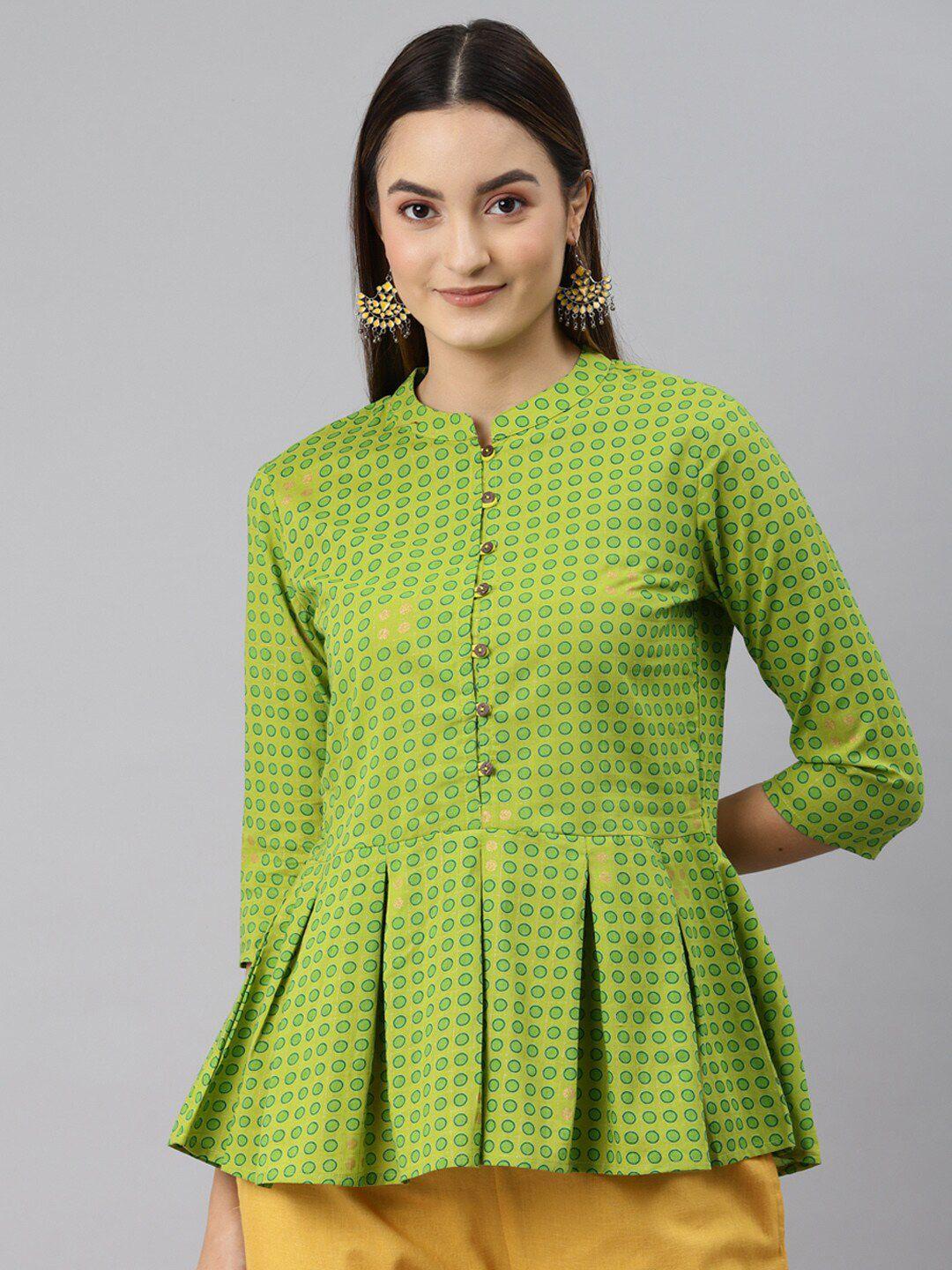 here&now green geometric printed pure cotton anarkali kurti
