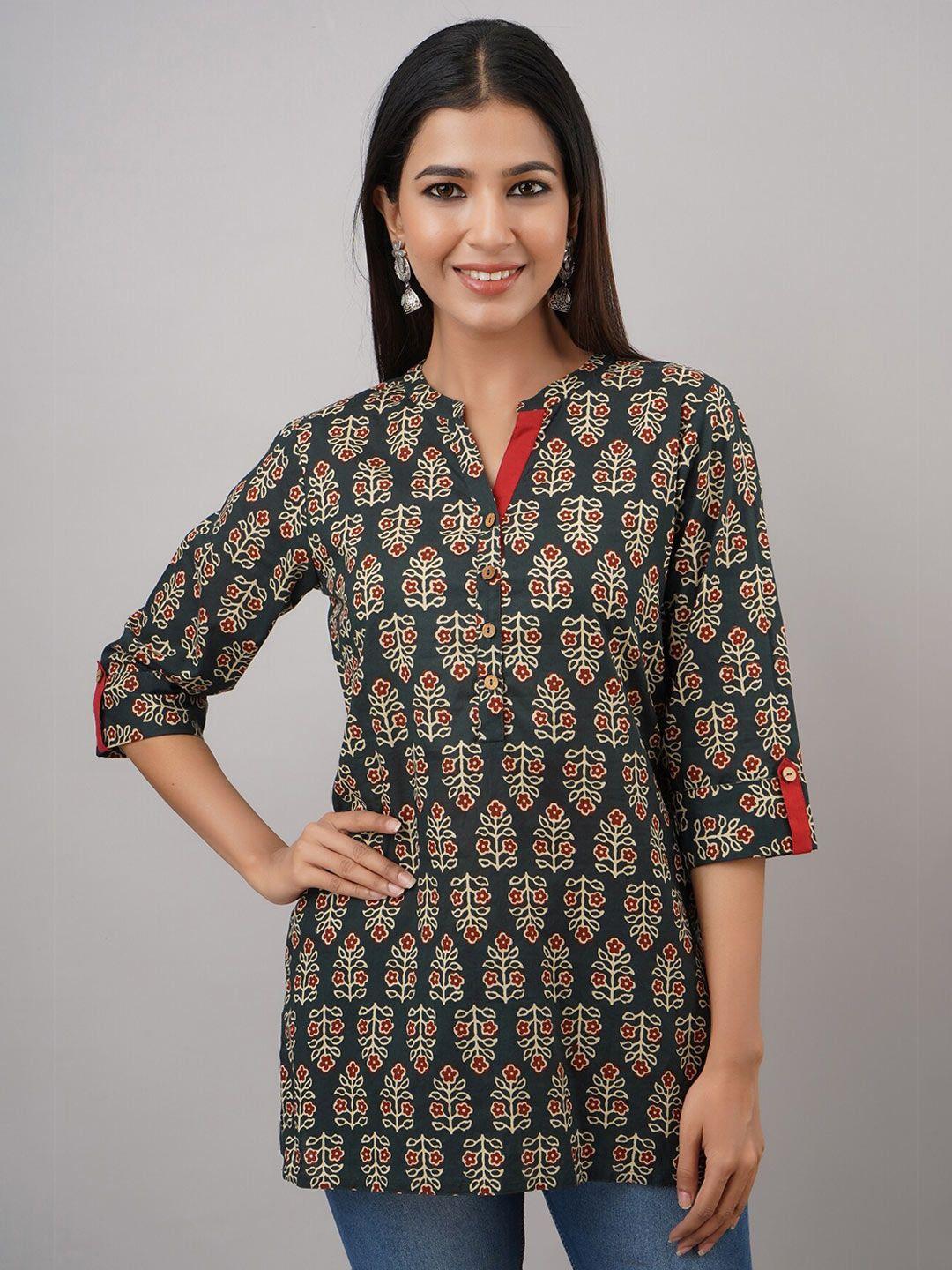 here&now green mandarin collar floral printed kurti