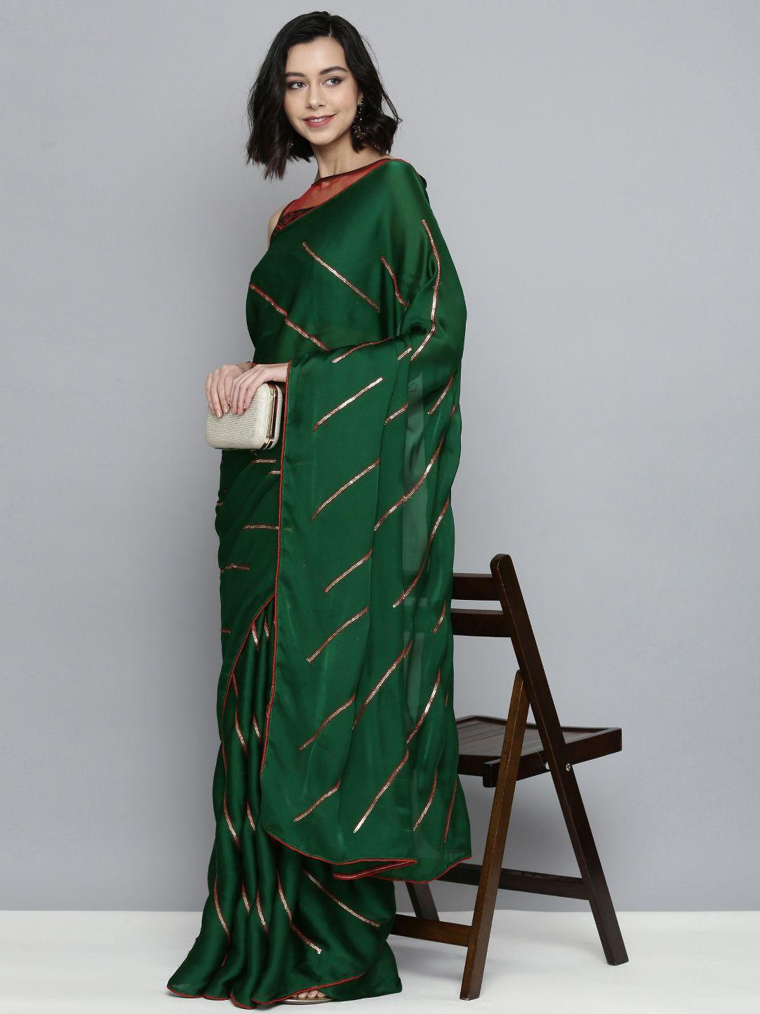 here&now green sequinned satin saree