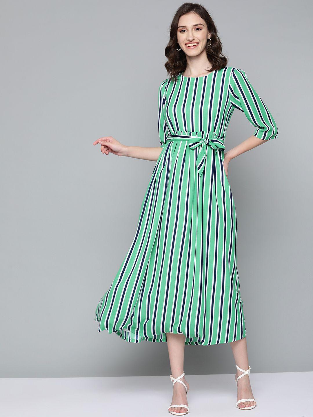 here&now green striped georgette midi dress