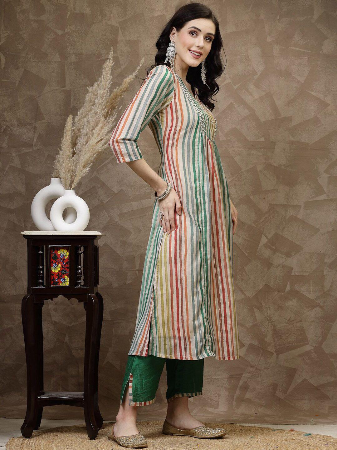 here&now green striped thread work chanderi silk pleated a-line kurta with trouser