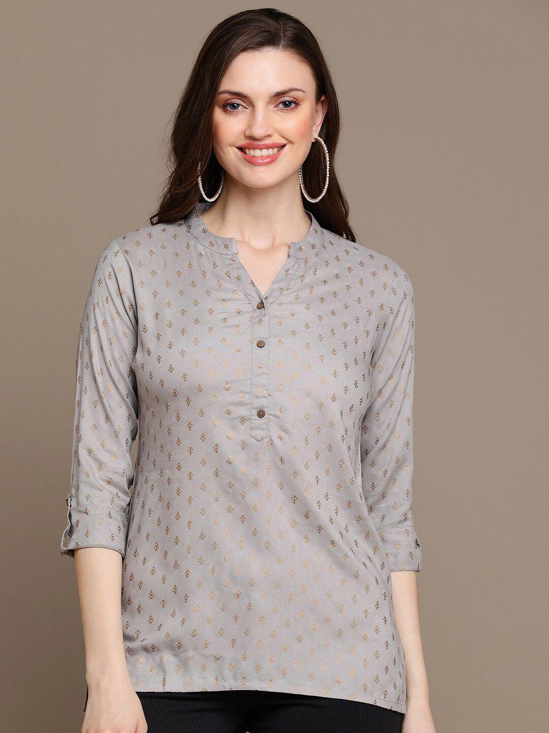 here&now grey & beige ethnic motifs printed kurti