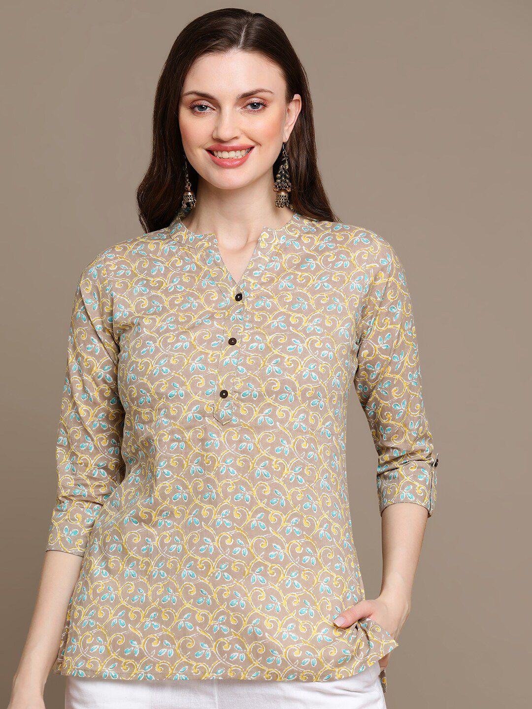 here&now grey & blue ethnic motifs printed pure cotton kurti