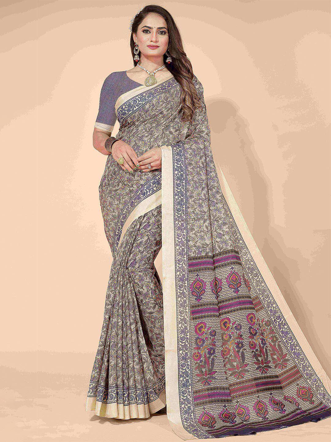 here&now grey & purple floral printed saree