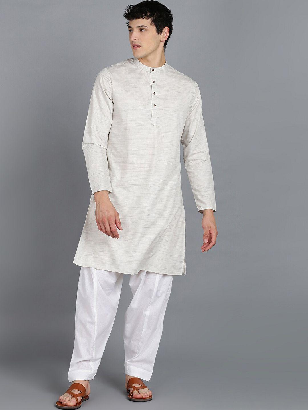 here&now grey & white band collar kurta with pyjamas