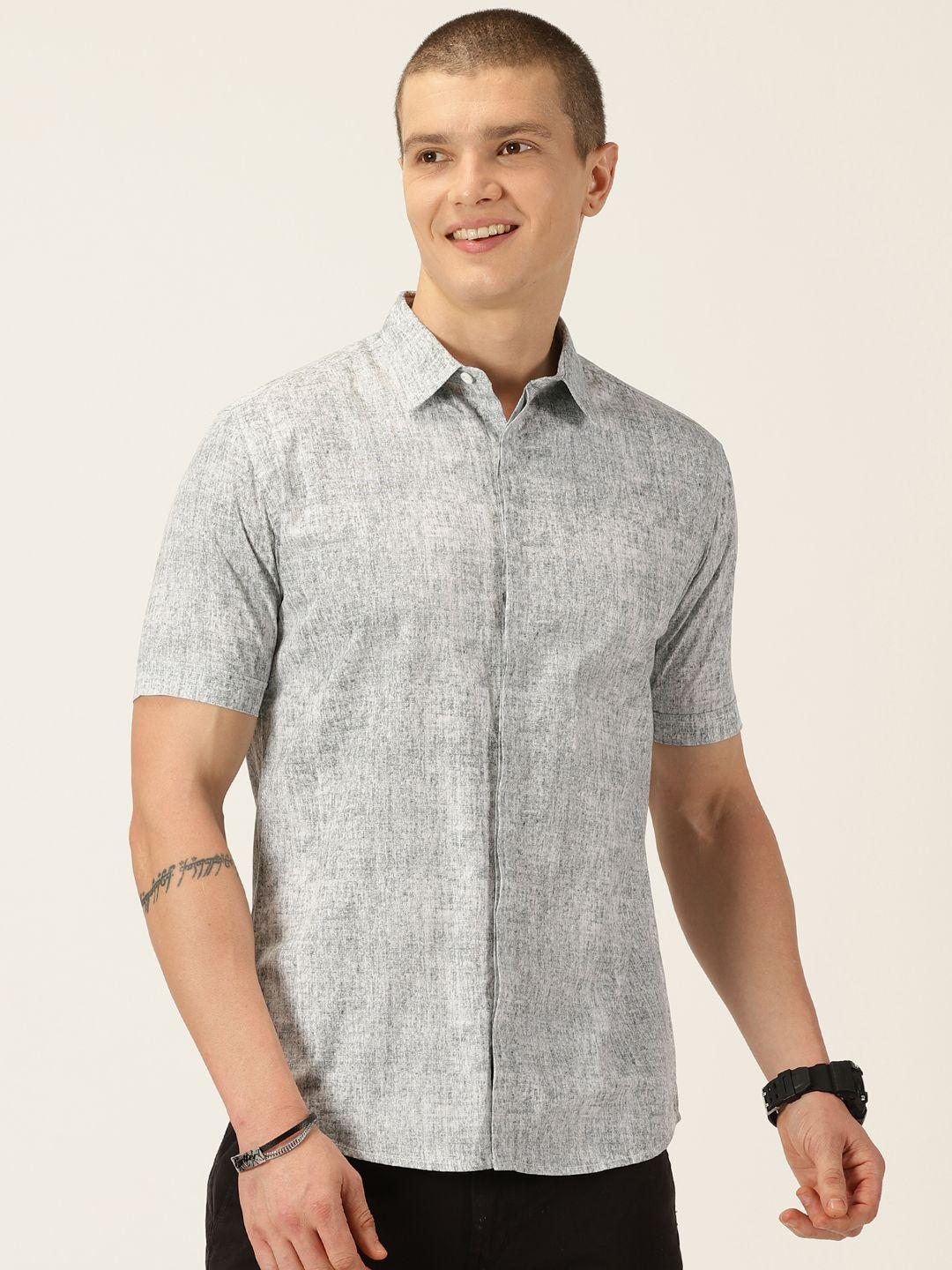 here&now grey classic slim fit abstract printed pure cotton casual shirt