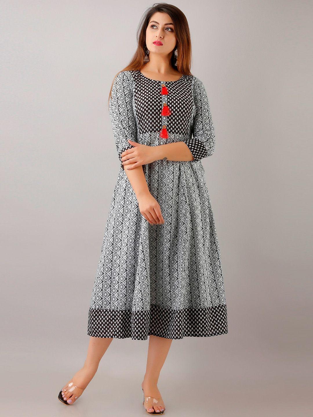 here&now grey ethnic motif printed fit and flare midi ethnic dresses