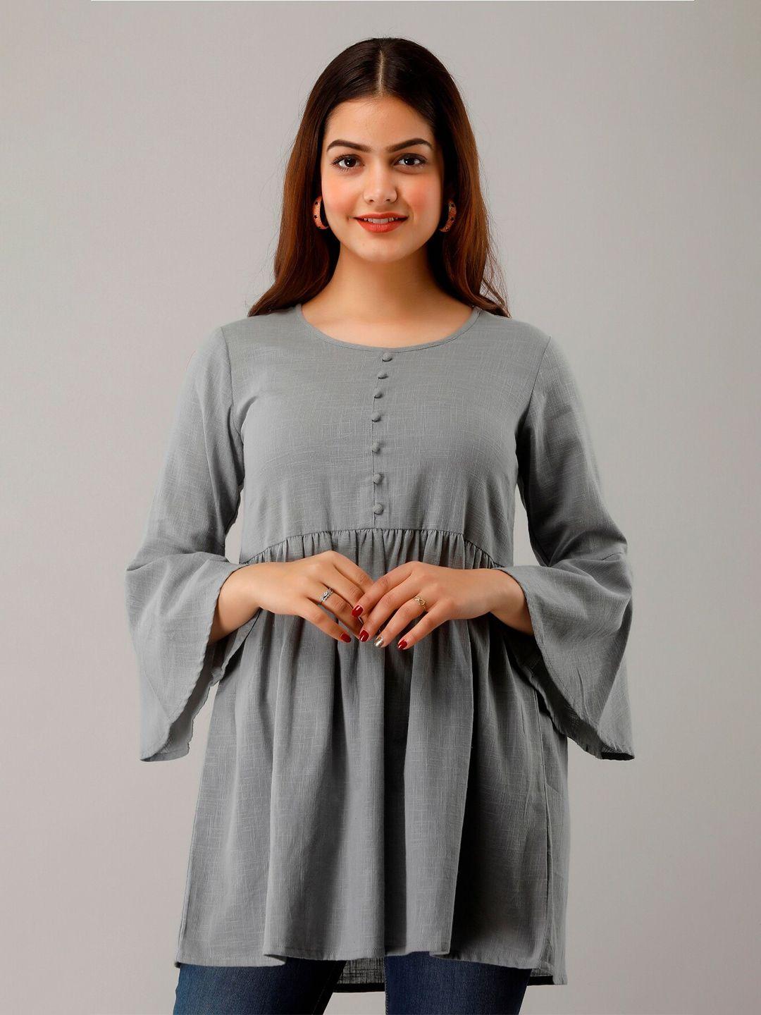 here&now grey round neck bell sleeves a-line kurti