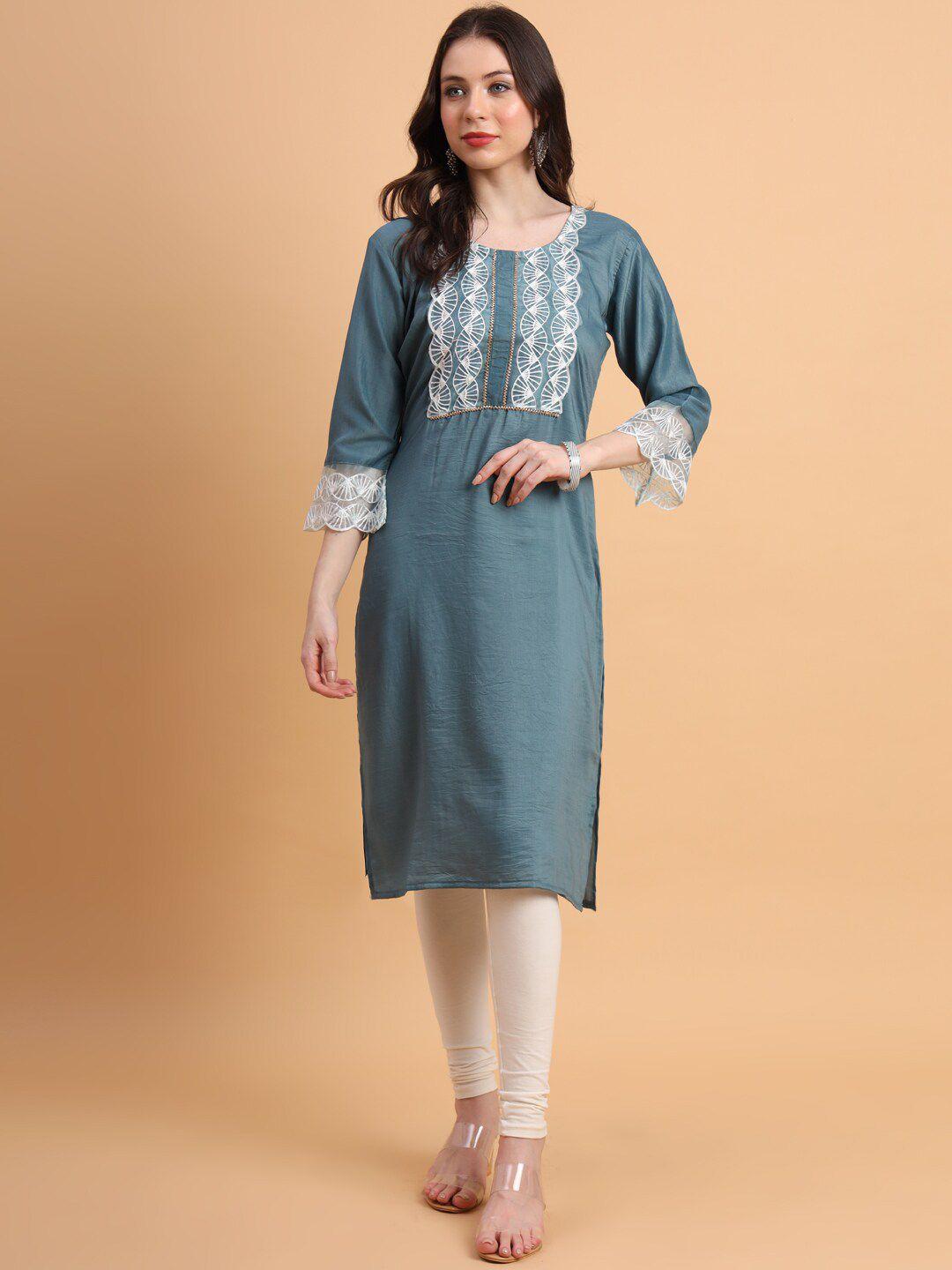here&now grey shanaya embroidered yoke design gotta patti cotton silk straight kurta