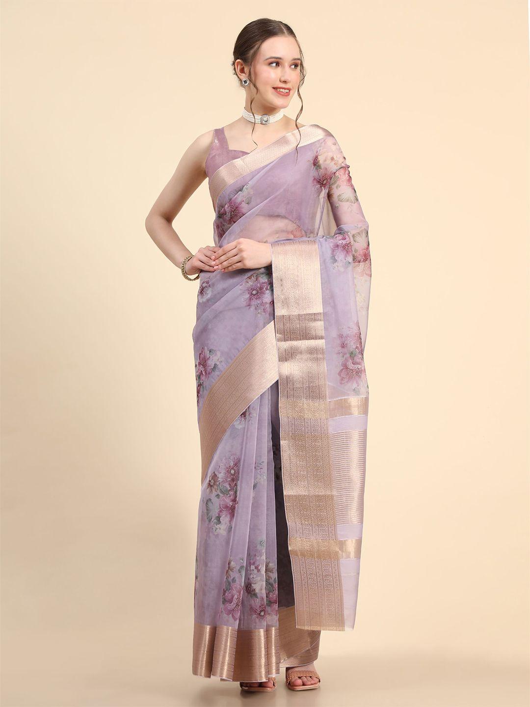 here&now lavender & pink floral printed organza silk saree