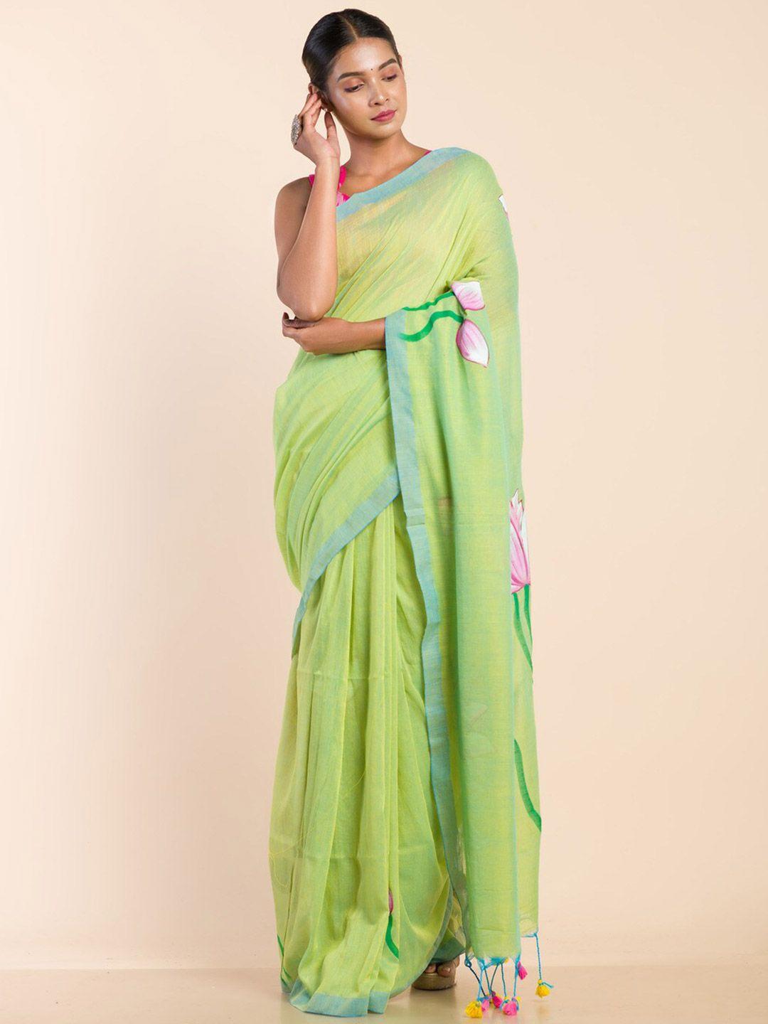 here&now lime green & pink floral pure cotton khadi saree