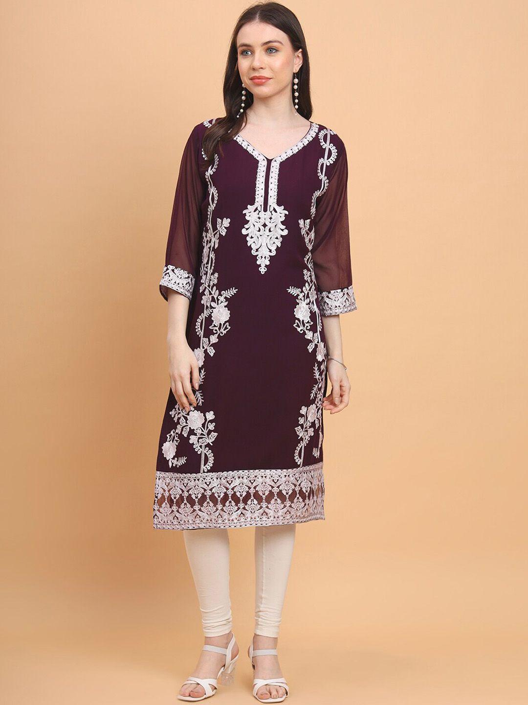 here&now magenta ethnic motifs embroidered georgette kurta