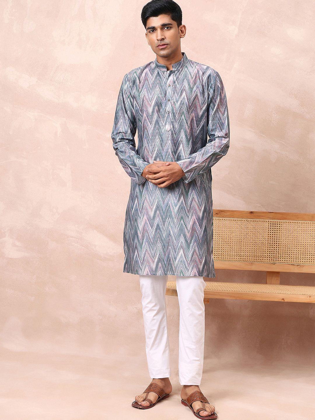 here&now mandarin collar geometric printed thread work straight kurta