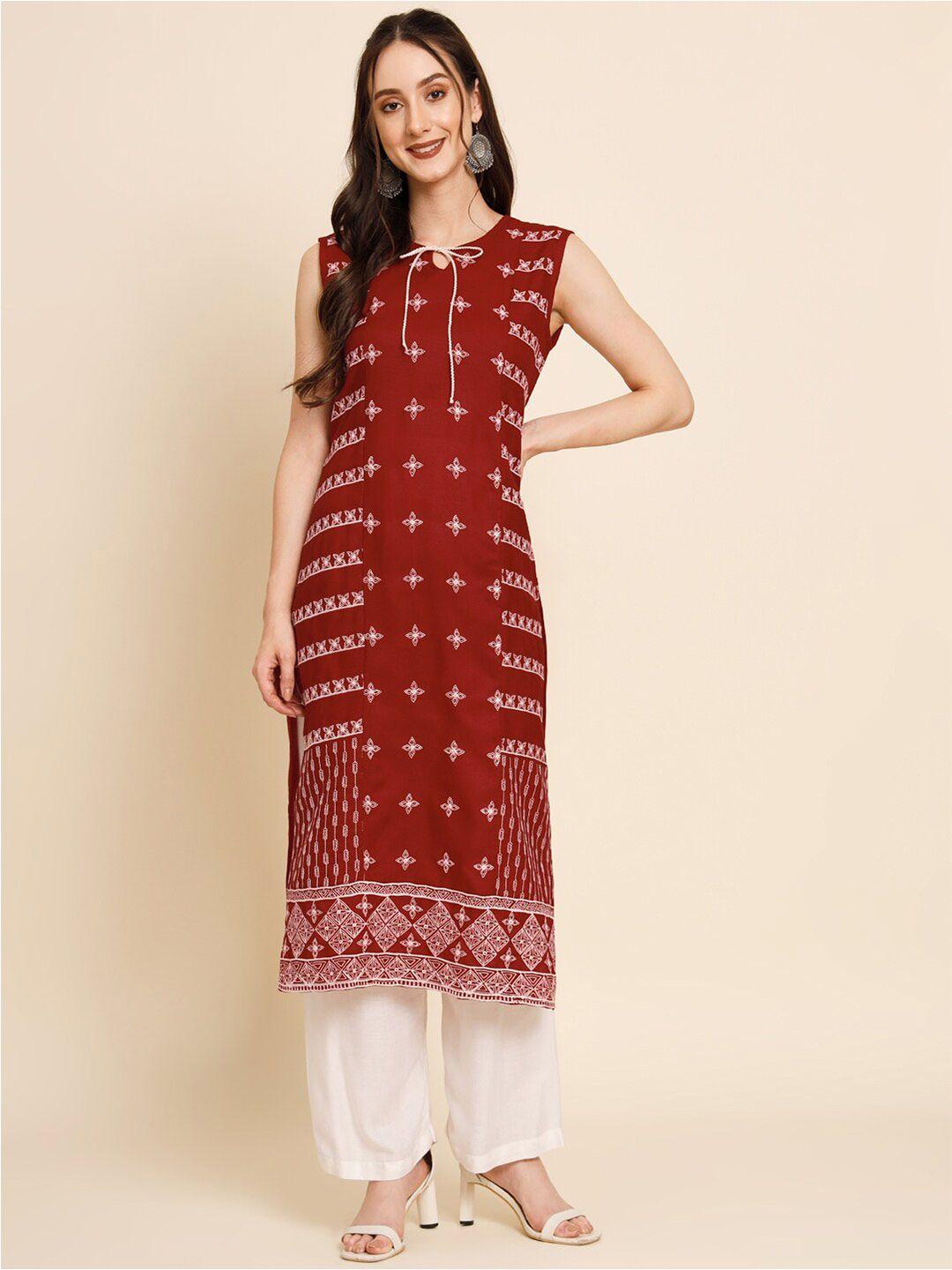 here&now maroon & beige tie-up neck ethnic motifs embroidered straight kurta