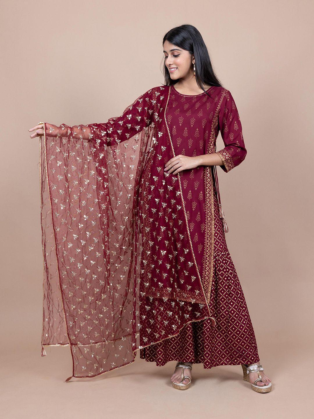 here&now maroon & gold-toned ethnic motifs embroidered gotta patti dupatta
