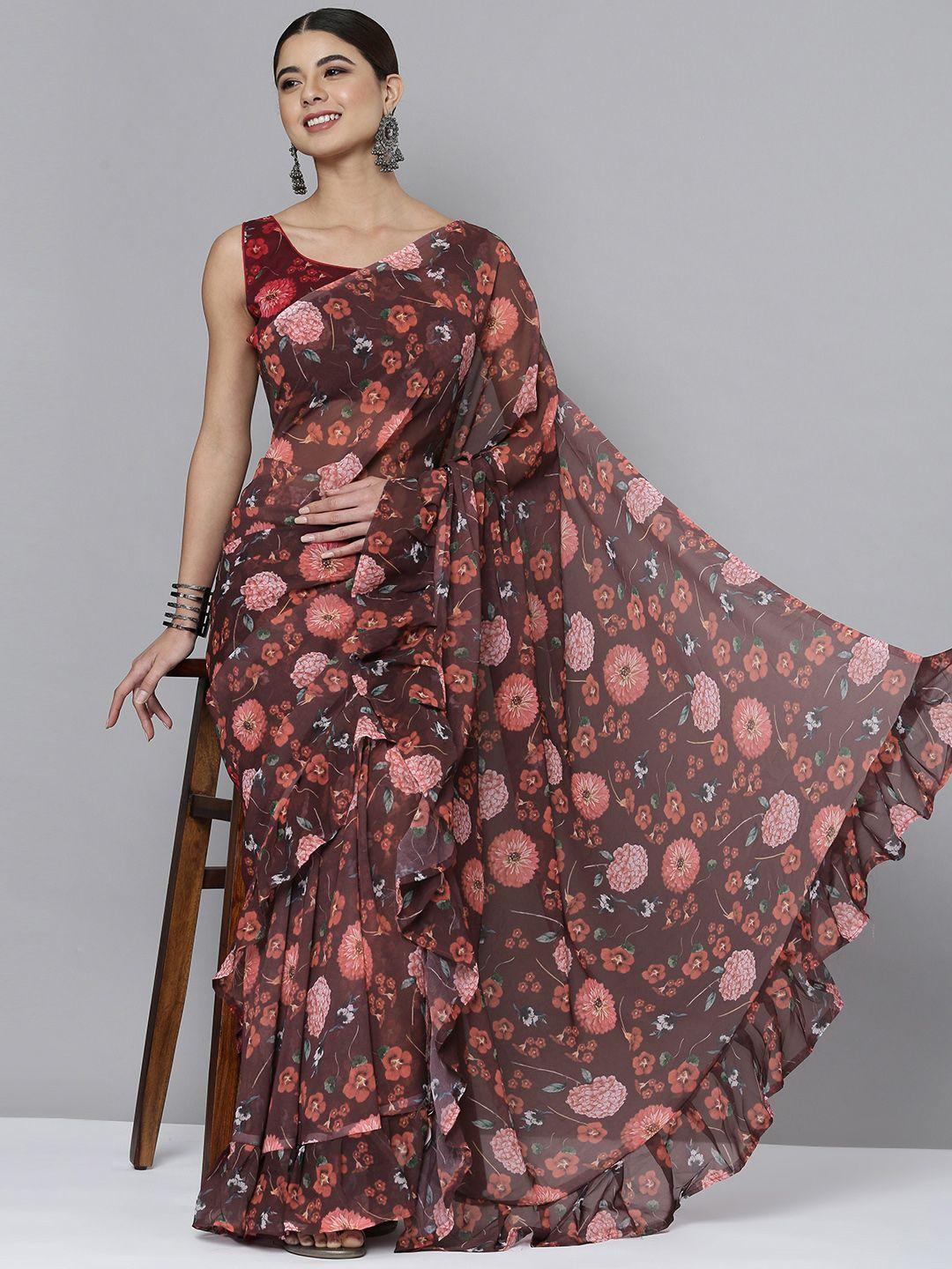 here&now maroon & red floral printed pure georgette saree with ruffle detail