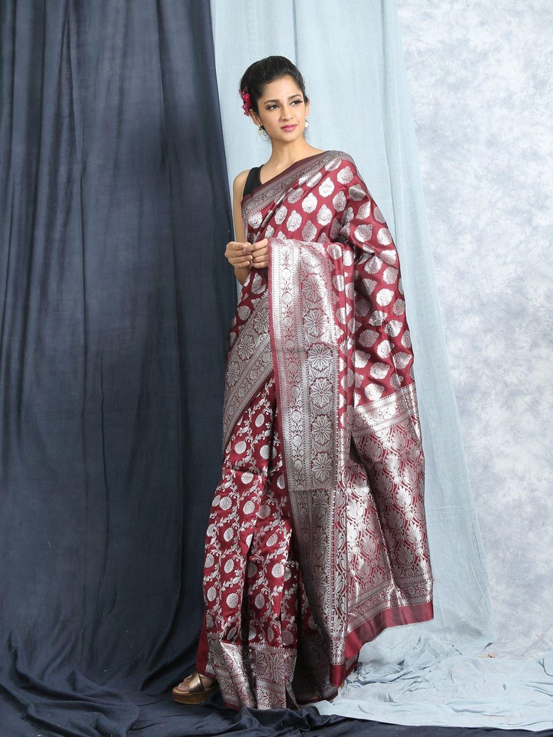 here&now maroon & silver-toned ethnic motifs woven design zari banarasi saree