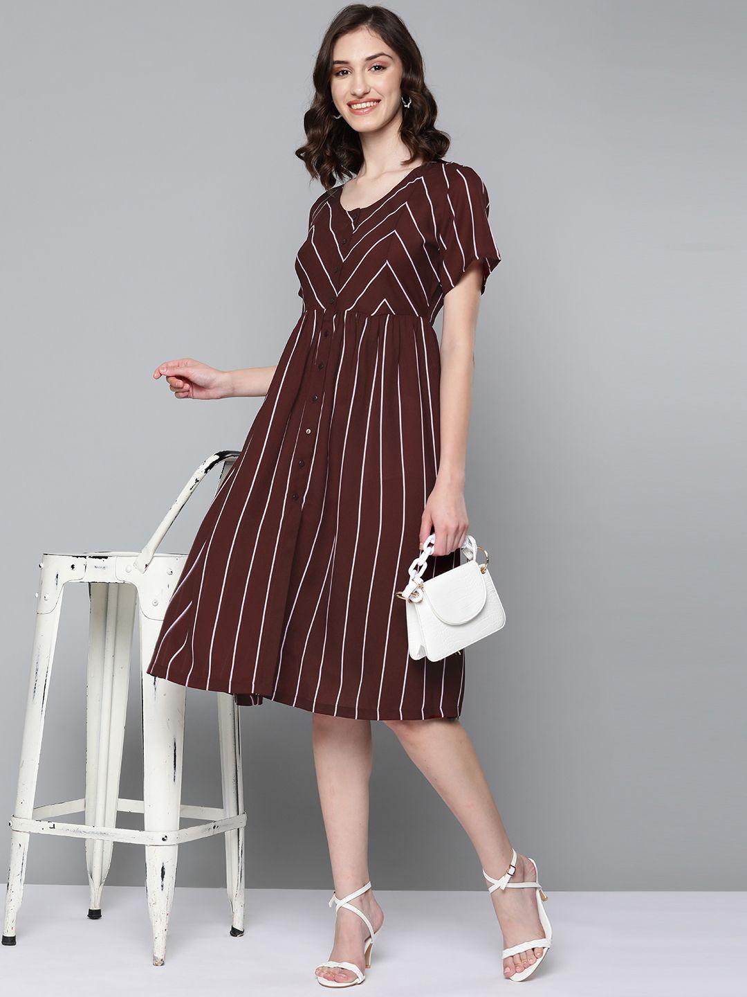 here&now maroon & white striped georgette dress