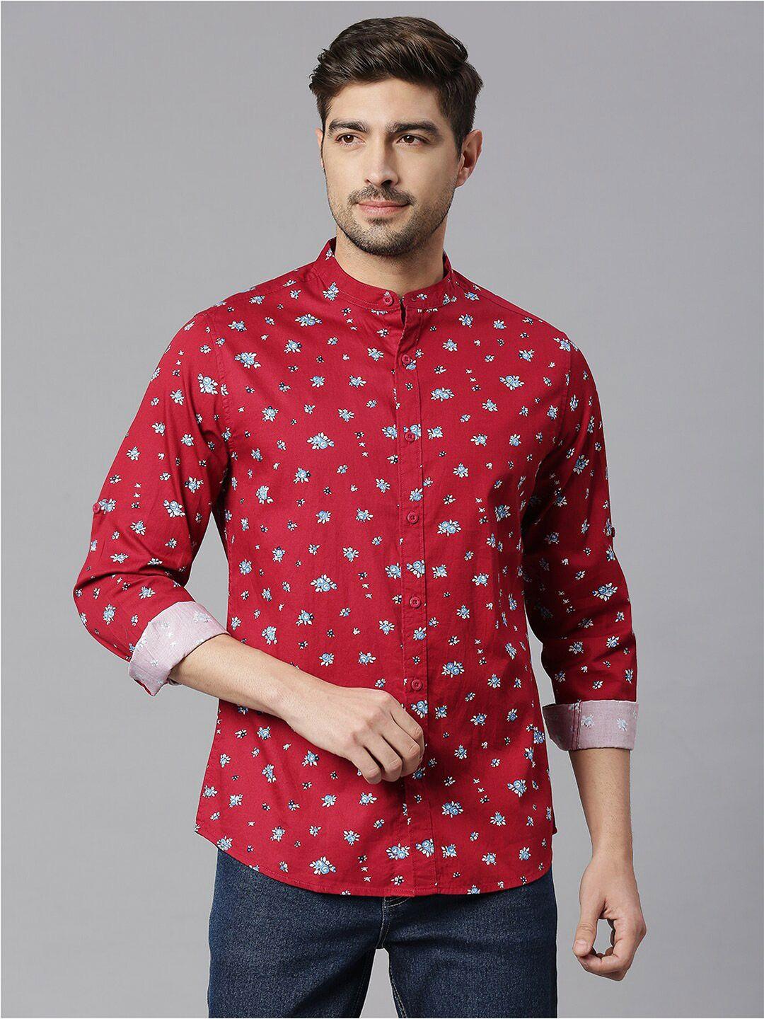 here&now maroon classic slim fit floral printed mandarin collar pure cotton casual shirt