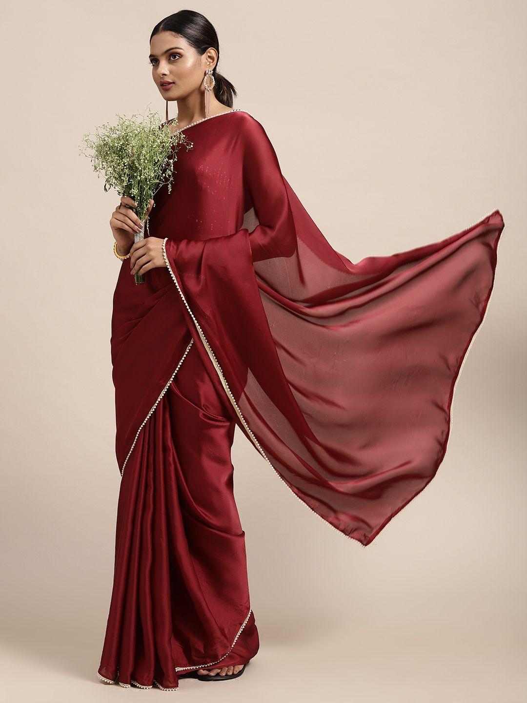 here&now maroon dyed pearl embellished satin saree