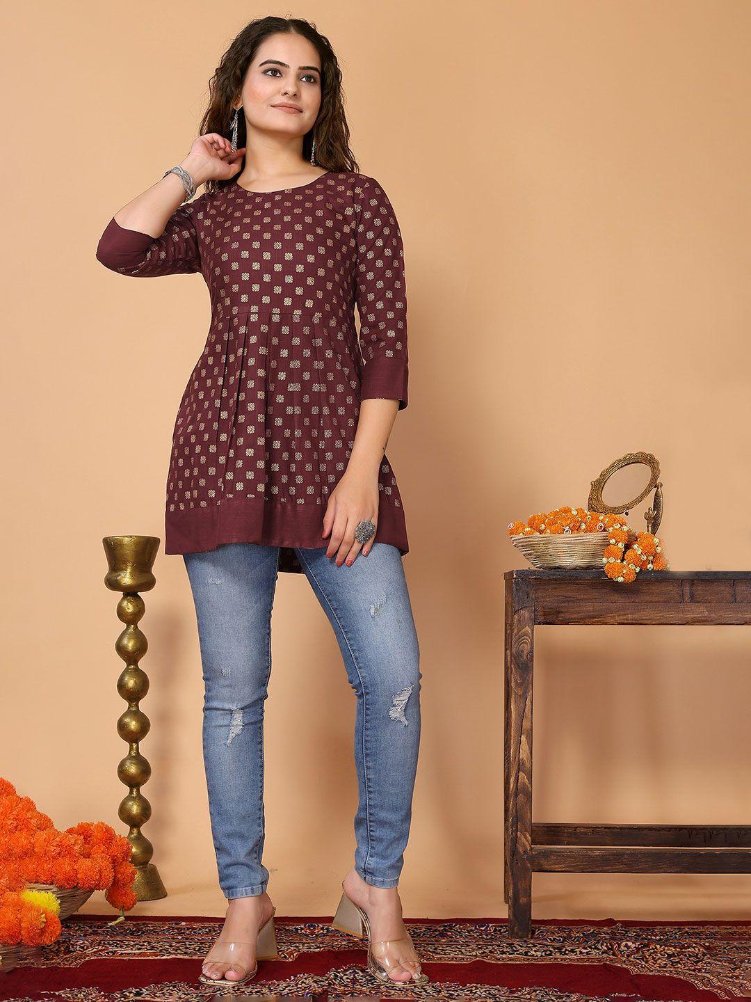 here&now maroon ethnic motifs foil printed pleated a-line kurti