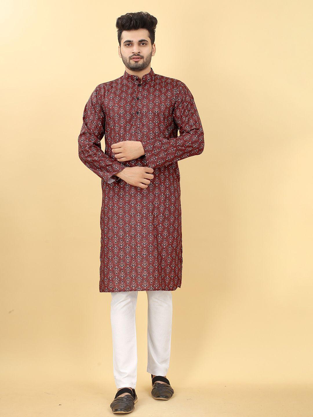 here&now maroon ethnic motifs printed band collar pure cotton straight kurta