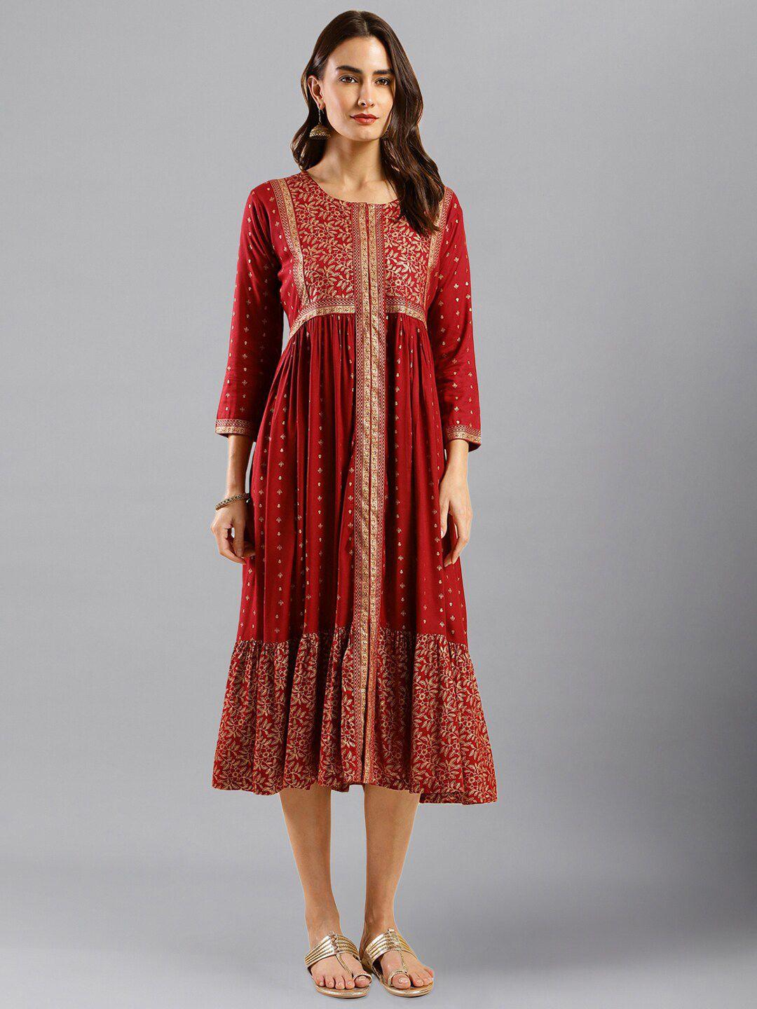 here&now maroon ethnic motifs printed fit & flare midi ethnic dress