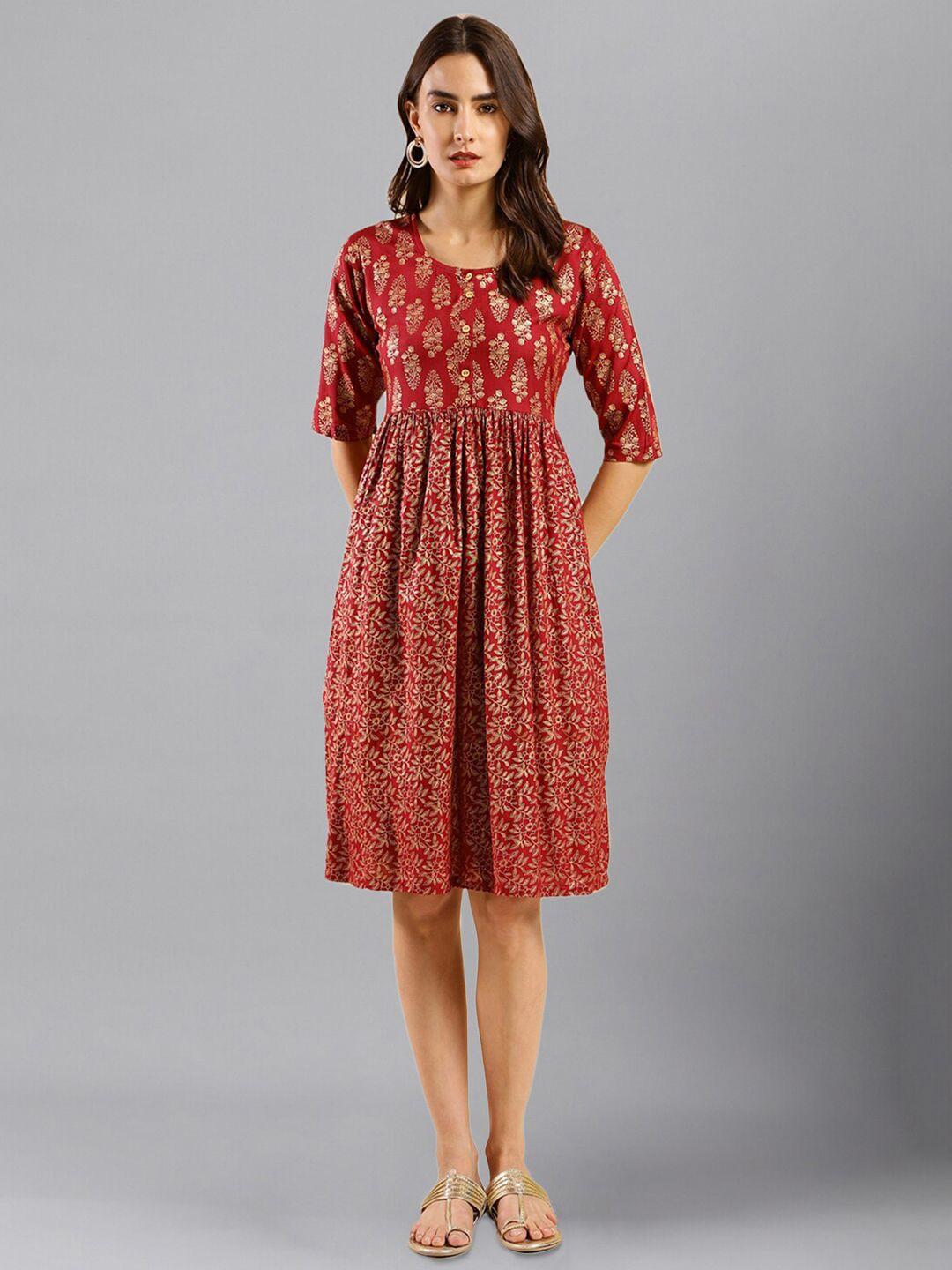 here&now maroon floral printed fit & flare ethnic dress