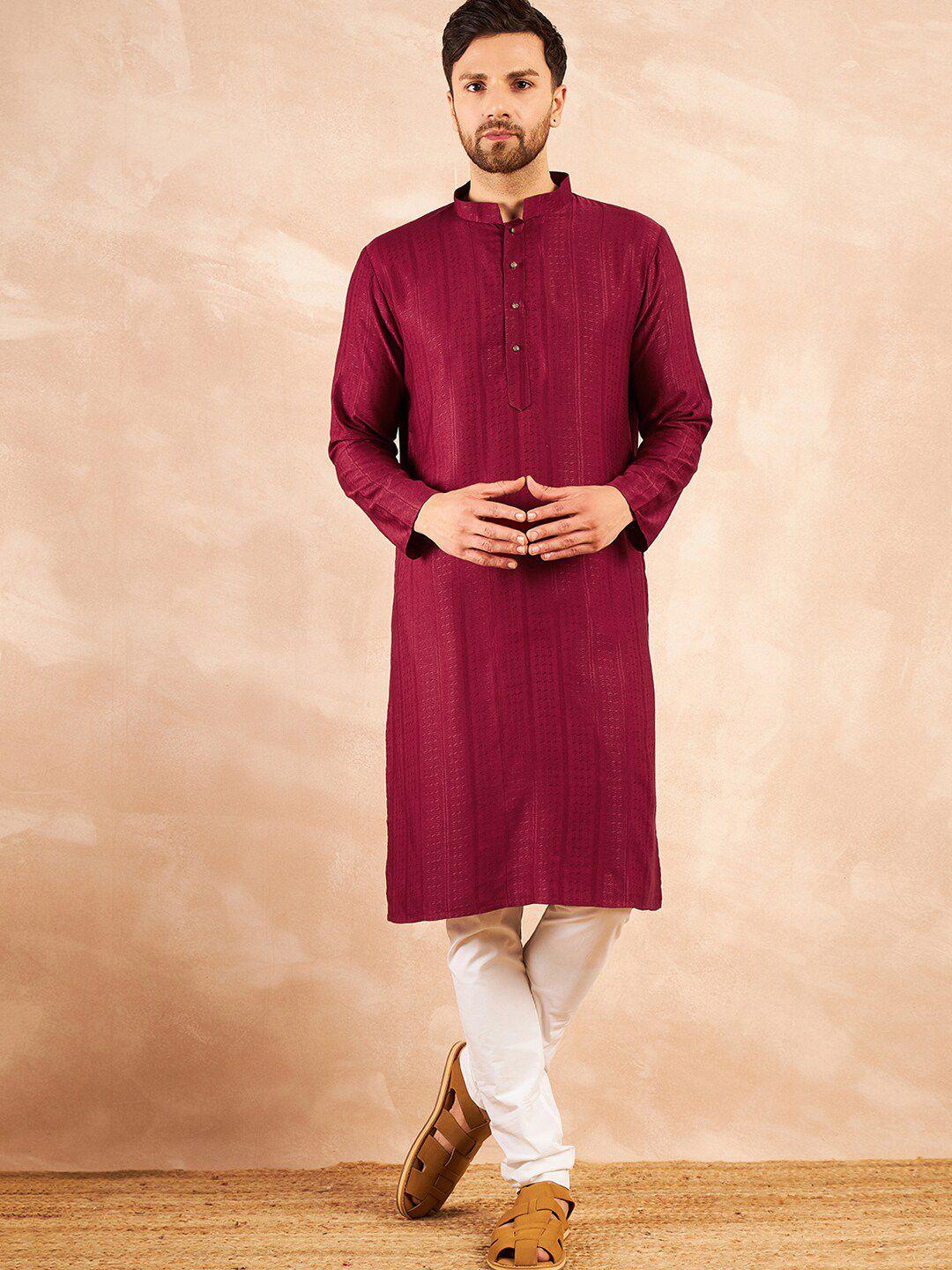 here&now maroon jacquard mandarin collar straight kurta